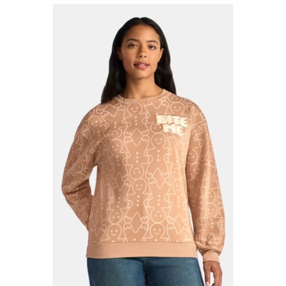 Brown Gingerbread Print Sweatshirt 'Bite Me' On Front Pullover Fleece Lined S